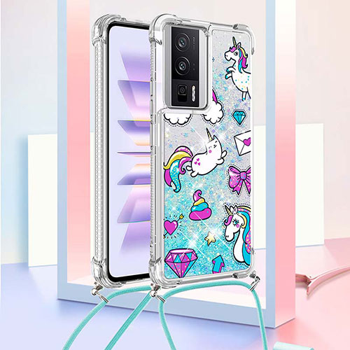 Silicone Candy Rubber TPU Bling-Bling Soft Case Cover with Lanyard Strap S02 for Xiaomi Redmi K60 5G Sky Blue