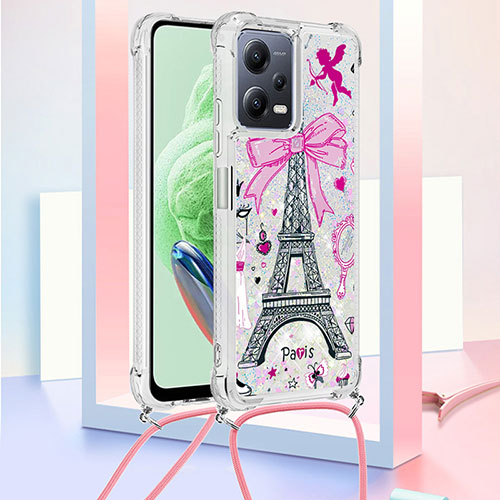 Silicone Candy Rubber TPU Bling-Bling Soft Case Cover with Lanyard Strap S02 for Xiaomi Redmi Note 12 5G Rose Gold