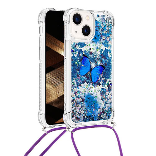 Silicone Candy Rubber TPU Bling-Bling Soft Case Cover with Lanyard Strap S03 for Apple iPhone 14 Blue