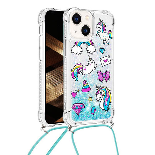 Silicone Candy Rubber TPU Bling-Bling Soft Case Cover with Lanyard Strap S03 for Apple iPhone 14 Plus Mint Blue