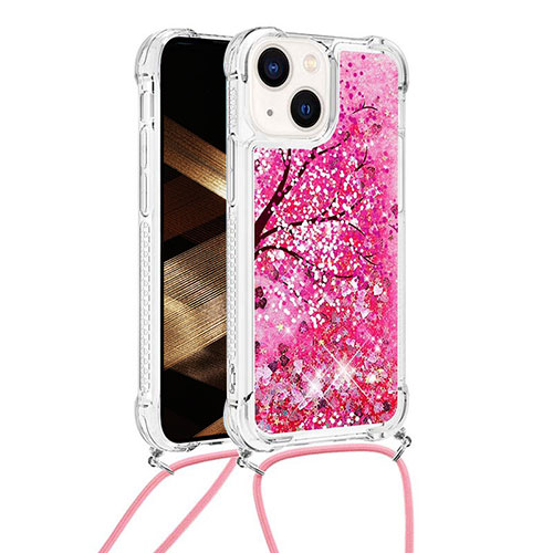 Silicone Candy Rubber TPU Bling-Bling Soft Case Cover with Lanyard Strap S03 for Apple iPhone 15 Hot Pink