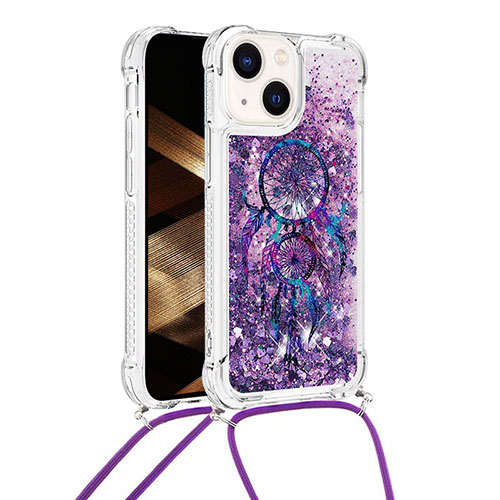 Silicone Candy Rubber TPU Bling-Bling Soft Case Cover with Lanyard Strap S03 for Apple iPhone 15 Plus Purple