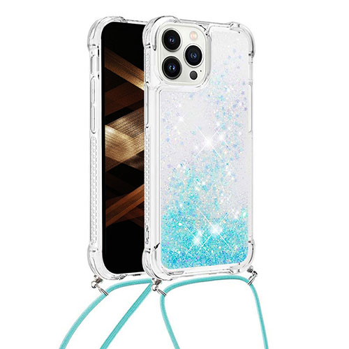 Silicone Candy Rubber TPU Bling-Bling Soft Case Cover with Lanyard Strap S03 for Apple iPhone 15 Pro Max Sky Blue