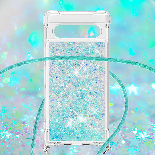 Silicone Candy Rubber TPU Bling-Bling Soft Case Cover with Lanyard Strap S03 for Google Pixel 7a 5G Sky Blue