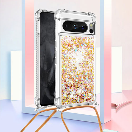 Silicone Candy Rubber TPU Bling-Bling Soft Case Cover with Lanyard Strap S03 for Google Pixel 8 Pro 5G Gold