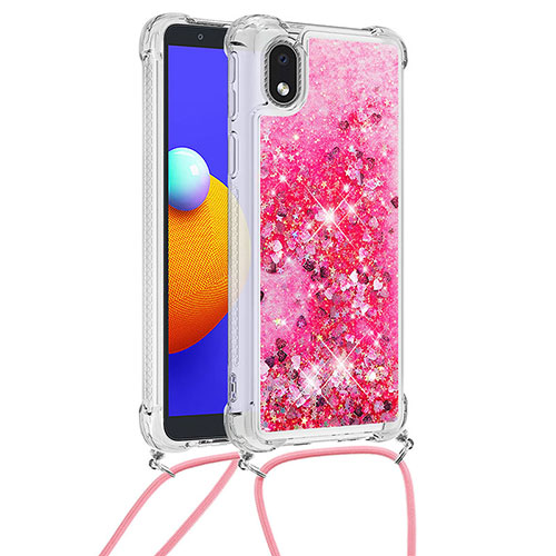 Silicone Candy Rubber TPU Bling-Bling Soft Case Cover with Lanyard Strap S03 for Samsung Galaxy A01 Core Hot Pink