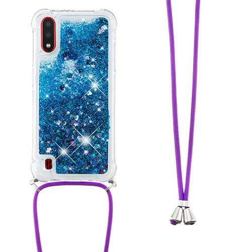 Silicone Candy Rubber TPU Bling-Bling Soft Case Cover with Lanyard Strap S03 for Samsung Galaxy A01 SM-A015 Blue