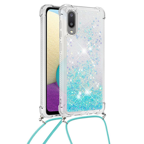 Silicone Candy Rubber TPU Bling-Bling Soft Case Cover with Lanyard Strap S03 for Samsung Galaxy A02 Sky Blue