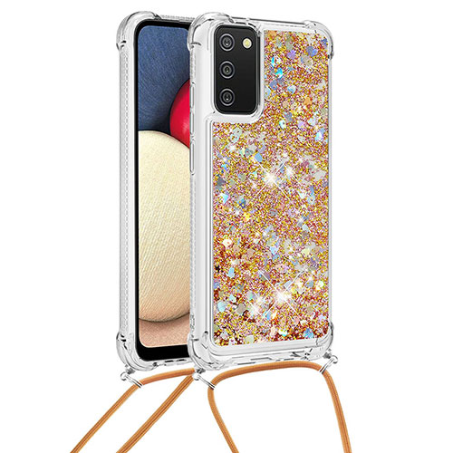 Silicone Candy Rubber TPU Bling-Bling Soft Case Cover with Lanyard Strap S03 for Samsung Galaxy A03s Gold