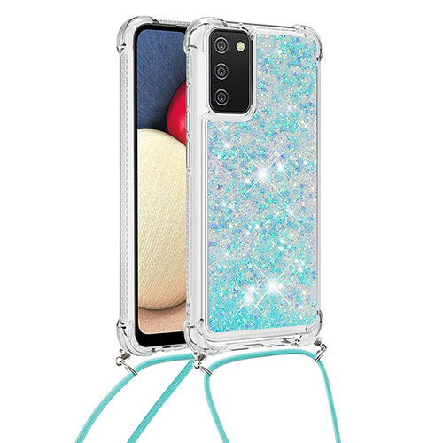 Silicone Candy Rubber TPU Bling-Bling Soft Case Cover with Lanyard Strap S03 for Samsung Galaxy A03s Sky Blue