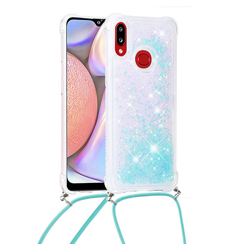 Silicone Candy Rubber TPU Bling-Bling Soft Case Cover with Lanyard Strap S03 for Samsung Galaxy A10s Sky Blue