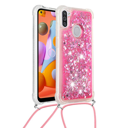 Silicone Candy Rubber TPU Bling-Bling Soft Case Cover with Lanyard Strap S03 for Samsung Galaxy A11 Hot Pink