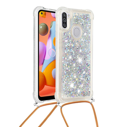 Silicone Candy Rubber TPU Bling-Bling Soft Case Cover with Lanyard Strap S03 for Samsung Galaxy A11 Silver