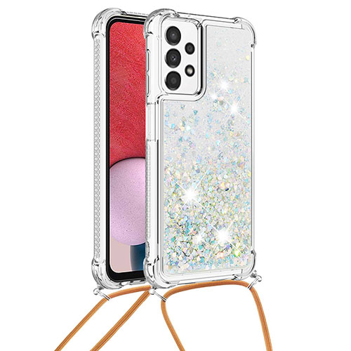 Silicone Candy Rubber TPU Bling-Bling Soft Case Cover with Lanyard Strap S03 for Samsung Galaxy A13 4G Silver
