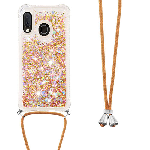 Silicone Candy Rubber TPU Bling-Bling Soft Case Cover with Lanyard Strap S03 for Samsung Galaxy A20e Gold