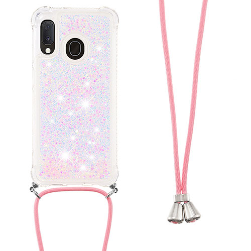 Silicone Candy Rubber TPU Bling-Bling Soft Case Cover with Lanyard Strap S03 for Samsung Galaxy A20e Pink