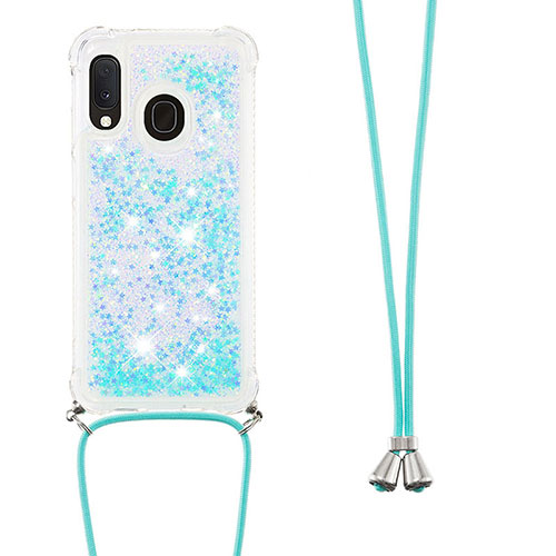 Silicone Candy Rubber TPU Bling-Bling Soft Case Cover with Lanyard Strap S03 for Samsung Galaxy A20e Sky Blue