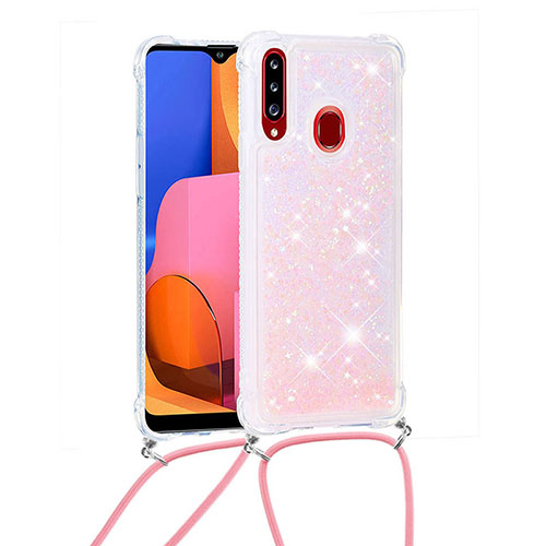 Silicone Candy Rubber TPU Bling-Bling Soft Case Cover with Lanyard Strap S03 for Samsung Galaxy A20s Pink