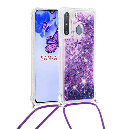 Silicone Candy Rubber TPU Bling-Bling Soft Case Cover with Lanyard Strap S03 for Samsung Galaxy A21 European Purple