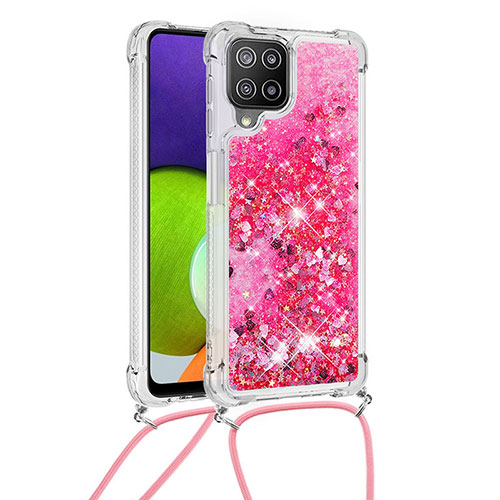 Silicone Candy Rubber TPU Bling-Bling Soft Case Cover with Lanyard Strap S03 for Samsung Galaxy A22 4G Hot Pink