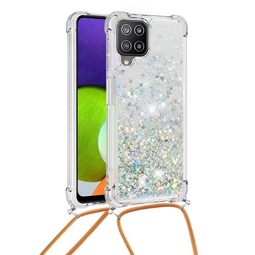 Silicone Candy Rubber TPU Bling-Bling Soft Case Cover with Lanyard Strap S03 for Samsung Galaxy A22 4G Silver