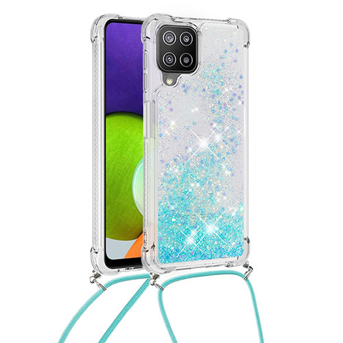 Silicone Candy Rubber TPU Bling-Bling Soft Case Cover with Lanyard Strap S03 for Samsung Galaxy A22 4G Sky Blue