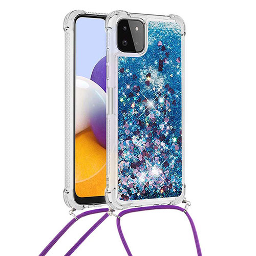 Silicone Candy Rubber TPU Bling-Bling Soft Case Cover with Lanyard Strap S03 for Samsung Galaxy A22s 5G Blue