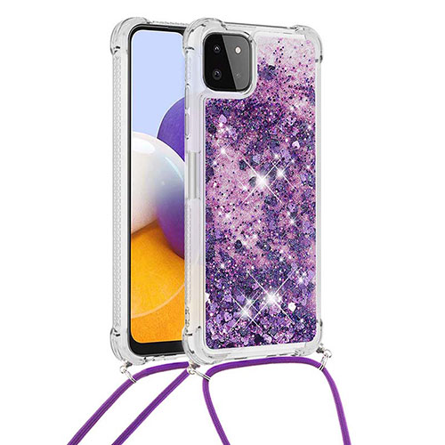 Silicone Candy Rubber TPU Bling-Bling Soft Case Cover with Lanyard Strap S03 for Samsung Galaxy A22s 5G Purple