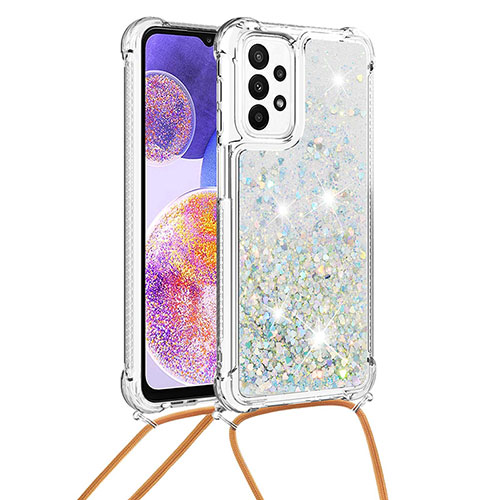 Silicone Candy Rubber TPU Bling-Bling Soft Case Cover with Lanyard Strap S03 for Samsung Galaxy A23 4G Silver