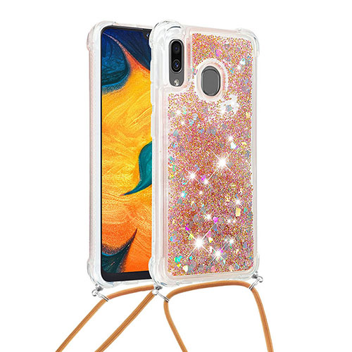 Silicone Candy Rubber TPU Bling-Bling Soft Case Cover with Lanyard Strap S03 for Samsung Galaxy A30 Gold