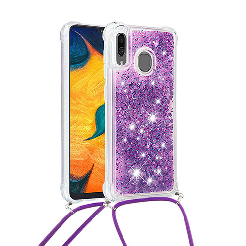 Silicone Candy Rubber TPU Bling-Bling Soft Case Cover with Lanyard Strap S03 for Samsung Galaxy A30 Purple