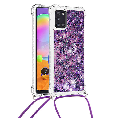 Silicone Candy Rubber TPU Bling-Bling Soft Case Cover with Lanyard Strap S03 for Samsung Galaxy A31 Purple