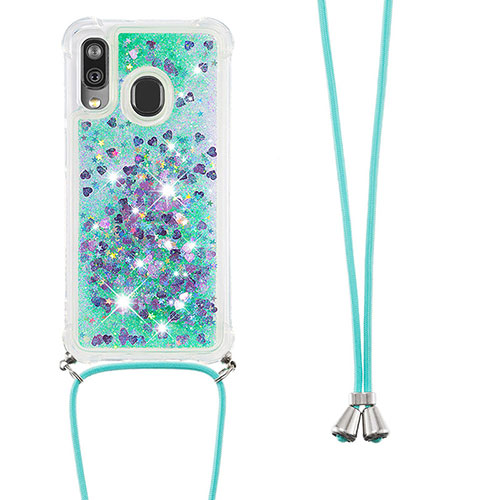 Silicone Candy Rubber TPU Bling-Bling Soft Case Cover with Lanyard Strap S03 for Samsung Galaxy A40 Green