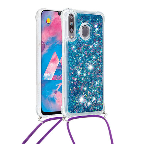 Silicone Candy Rubber TPU Bling-Bling Soft Case Cover with Lanyard Strap S03 for Samsung Galaxy A40s Blue