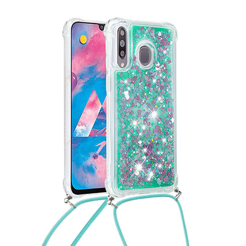 Silicone Candy Rubber TPU Bling-Bling Soft Case Cover with Lanyard Strap S03 for Samsung Galaxy A40s Green