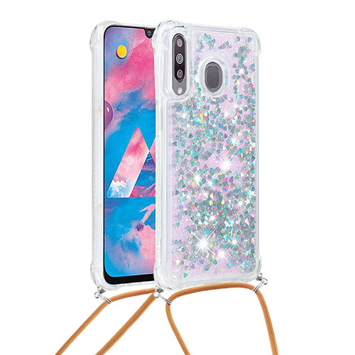 Silicone Candy Rubber TPU Bling-Bling Soft Case Cover with Lanyard Strap S03 for Samsung Galaxy A40s Silver