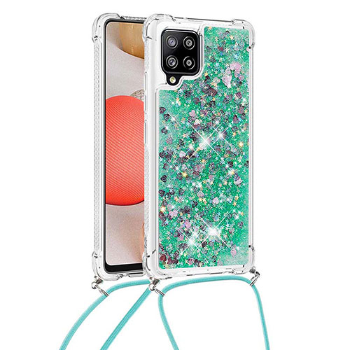 Silicone Candy Rubber TPU Bling-Bling Soft Case Cover with Lanyard Strap S03 for Samsung Galaxy A42 5G Green