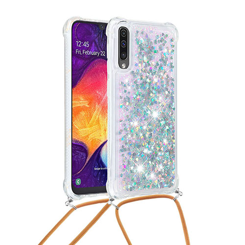 Silicone Candy Rubber TPU Bling-Bling Soft Case Cover with Lanyard Strap S03 for Samsung Galaxy A50 Silver