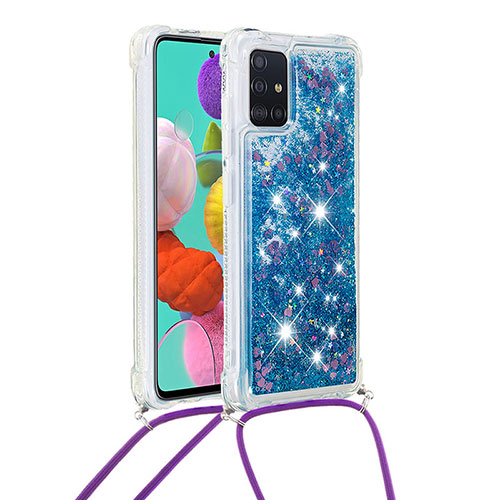 Silicone Candy Rubber TPU Bling-Bling Soft Case Cover with Lanyard Strap S03 for Samsung Galaxy A51 4G Blue