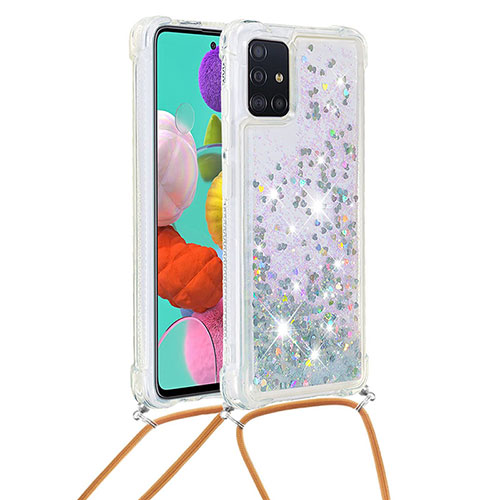 Silicone Candy Rubber TPU Bling-Bling Soft Case Cover with Lanyard Strap S03 for Samsung Galaxy A51 4G Silver