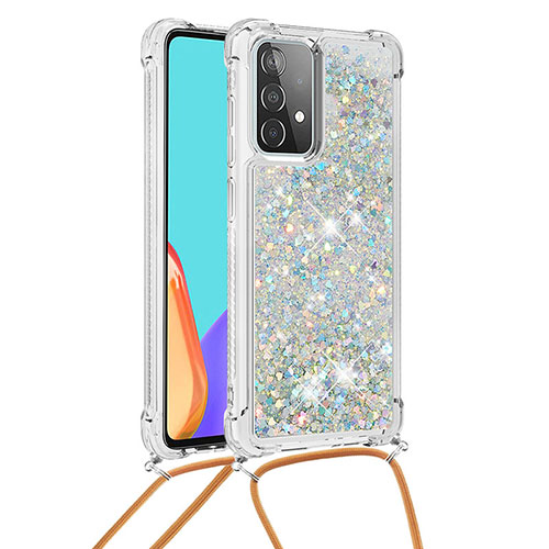 Silicone Candy Rubber TPU Bling-Bling Soft Case Cover with Lanyard Strap S03 for Samsung Galaxy A52 4G Silver