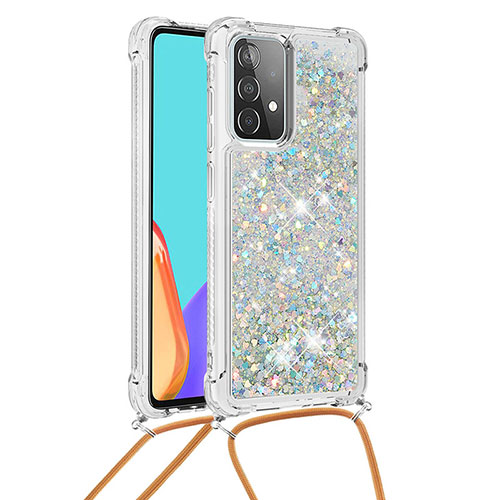 Silicone Candy Rubber TPU Bling-Bling Soft Case Cover with Lanyard Strap S03 for Samsung Galaxy A52 5G Silver