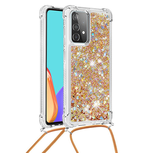 Silicone Candy Rubber TPU Bling-Bling Soft Case Cover with Lanyard Strap S03 for Samsung Galaxy A52s 5G Gold