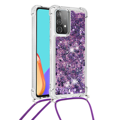 Silicone Candy Rubber TPU Bling-Bling Soft Case Cover with Lanyard Strap S03 for Samsung Galaxy A52s 5G Purple