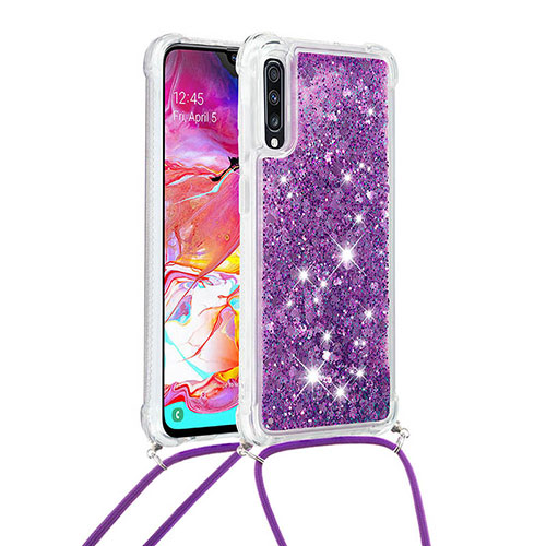 Silicone Candy Rubber TPU Bling-Bling Soft Case Cover with Lanyard Strap S03 for Samsung Galaxy A70 Purple