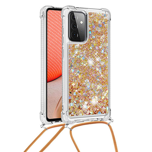 Silicone Candy Rubber TPU Bling-Bling Soft Case Cover with Lanyard Strap S03 for Samsung Galaxy A72 4G Gold