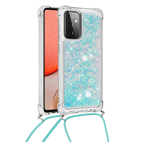 Silicone Candy Rubber TPU Bling-Bling Soft Case Cover with Lanyard Strap S03 for Samsung Galaxy A72 4G Sky Blue