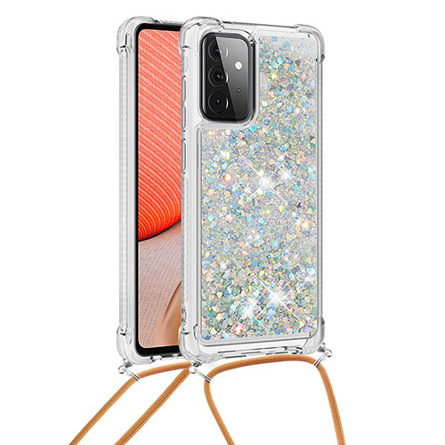 Silicone Candy Rubber TPU Bling-Bling Soft Case Cover with Lanyard Strap S03 for Samsung Galaxy A72 5G Silver