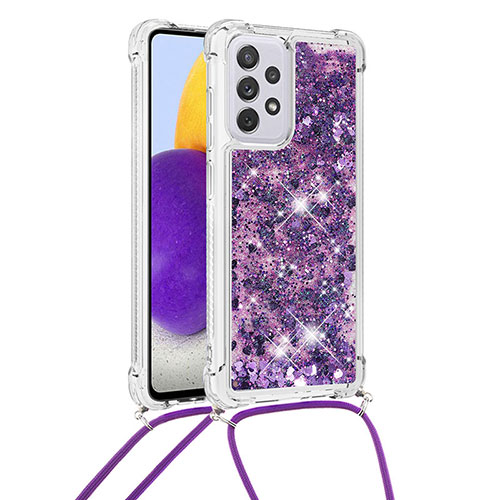 Silicone Candy Rubber TPU Bling-Bling Soft Case Cover with Lanyard Strap S03 for Samsung Galaxy A73 5G Purple