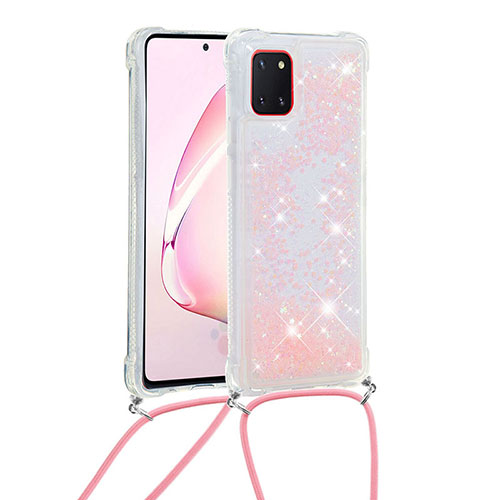 Silicone Candy Rubber TPU Bling-Bling Soft Case Cover with Lanyard Strap S03 for Samsung Galaxy A81 Pink